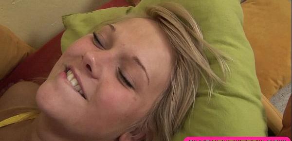  Laughing blonde cutie fucked on the bed